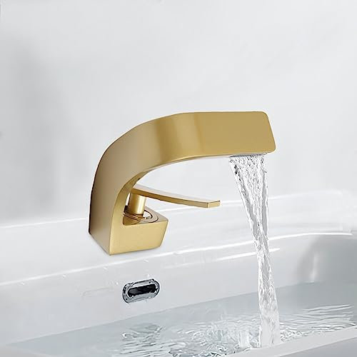 bad wasserfall armatur waschtischarmatur modern Design badezimmerarmatur elegant für Waschtischarmatur Kupfer Armatur Badezimmer wasserhahn 0-80℃ (Gold)
