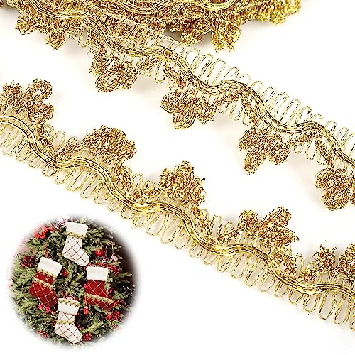 XCSJ 14.2 Yards Metallic Braid Spitzenbesatz Gold Metallic Braid Lace Trim Verziert Fransen Trim Quaste Metallic Spitzenband Borten und Bänder zum Nähen für Weihnachten Dekor, Kostüm Diy Nähen (Gold)