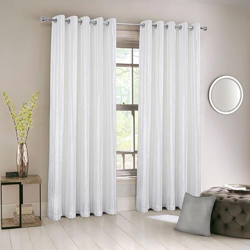 always4u Rideau 100% Occultant en Velours à Longues Rayures, Double Rideaux Isolation Thermique avec Oeillets, pour Salon Chambre Cuisine, Élégant,Blanc 140x260cm Lot de 2