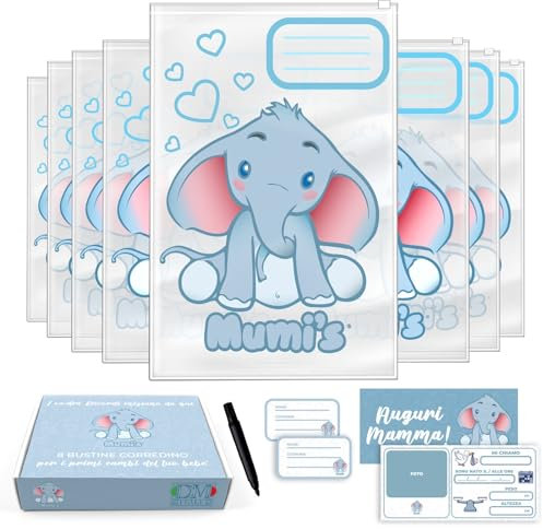Mumi's bustine corredino neonato ospedale con elefantino, 8 bustine 38x25 per cambi e accessori, con etichette cartolina dei ricordi e pennarello inclusi IDEA regalo per nuove mamme(blu)