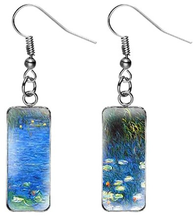 Retro Monet Wasserlilie Ölgemälde baumeln Ohrringe handgefertigt Kunst Bild Glas Cabochon Rechteck Fischhaken Ohrringe Einsatz Schmuck, 25, Glas, Künstlicher Peridot