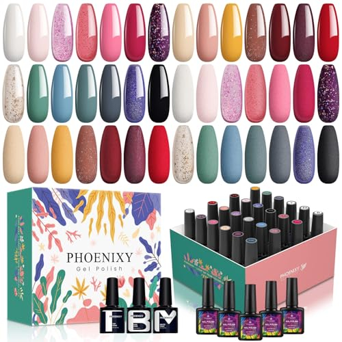 Phoenixy 24 Pcs UV Gel Nail Polish Set, 8ml 21 Colours with Base Coat, Top Coat and Matte Coat, Red Black Purple Blue Gel Polish Set Gift for Women