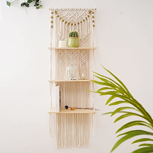 Liseng Boho Makramee Wandbehang Regal 3 Tier Handgefertigte Gewebte Quaste Organizer Regale Wand Schwimmende KleiderbüGel für Wohnkultur (40 * 120cm)