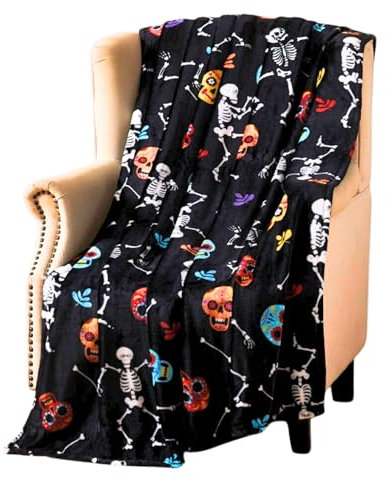 Halloween-Fleece-Überwurfdecke: Halloween Rock n' Roll tanzendes Skelett mit Totenköpfen auf weichem Samt-Fleece-Überwurf, 178 x 127 cm