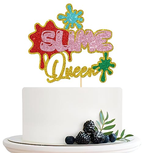 Halodete Slime Queen Cake Topper, Shape Art Theme Happy Birthday Cake Topper, Baby Shower Slime Time Art Party Cake Decorations - Glitter