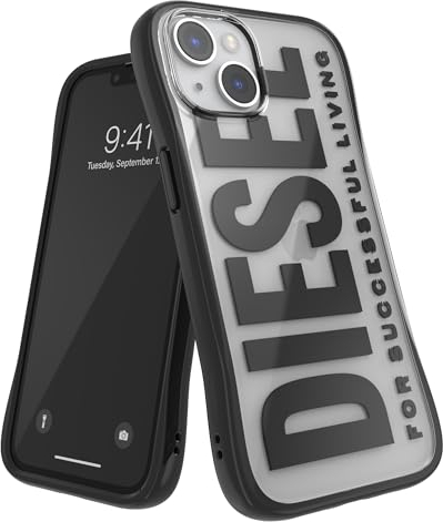 Diesel iPhone 14 / iPhone 13 Hülle | Entfaserte klare ergonomische Schutzhülle | stoßfester Fallschutz | kabelloses Laden kompatibel | Biscotto Logo