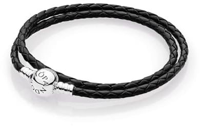 PANDORA Moments doppeltes schwarzes Lederarmband mit Kugelverschluss aus Sterling Silber, Kompatibel Moments, Größe: 44cm, 590745CBK-D4