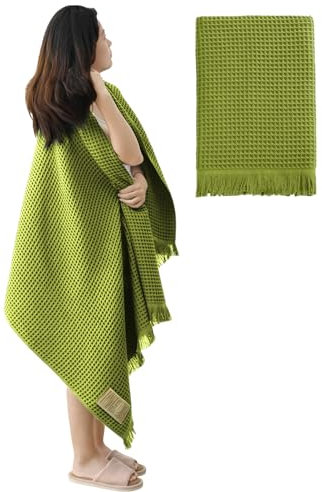 Jamron Coton Pur Gaufré Serviette de Bain Séchage Rapide Douceur 180x90cm Drap de Bain Grande Châle à Pompon SN079108 Vert