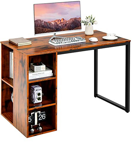 COSTWAY Bureau d'Ordinateur avec Bibliothèque, 5 Compartiments, Cadre en Métal, Table d'Ordinateur pour Bureau, Chambre, Studio, 115 x 59,5 x 75 cm (Marron Rustique)