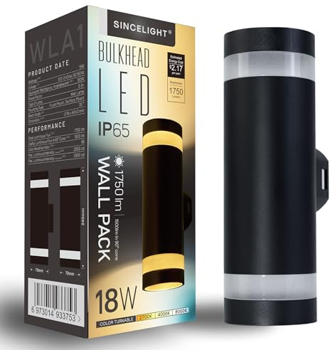 SINCELIGHT LED 18W Außenwandleuchten, IP65 Wandleuchten für den Außenbereich, Wandfluter, Festverdrahtete, Wandmontierte Lampe, Lichtfarbe drehbar 2700K-4000K-6000K