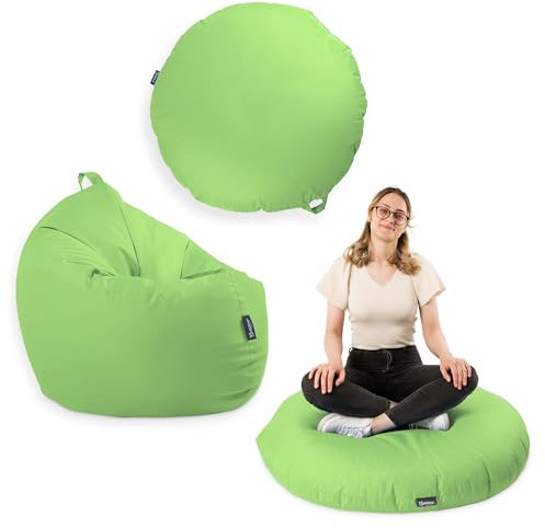 BuBiBag 2in1 Sitzsack Sitzkissen mit Füllung |Medium, Ø:110 cm, Neongrün | Indoor & Outdoor Beanbag | Geeignet für Kinder Innen- & Außenbereich Kinderzimmer | Wasser- & Schmutzabweisend Wetterfest
