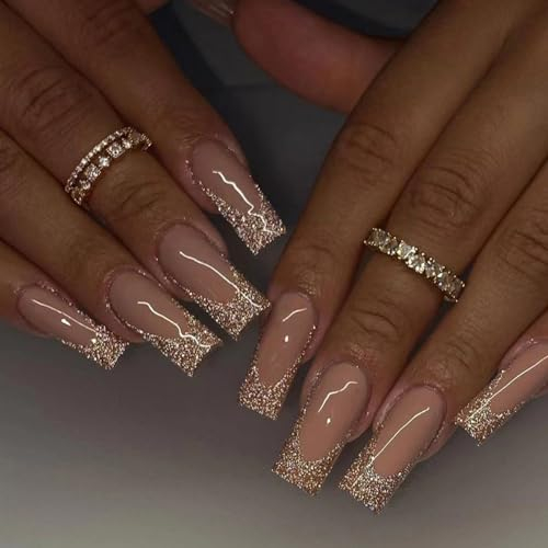 24 Pièces Faux Ongles Cercueil Moyen, Français Glossy Or Brillant Press on Nails, 12 Tailles Couverture Complète Gel Ongles à Coller Acrylique Bâton sur Ongles pour Femme et Filles Nail Art