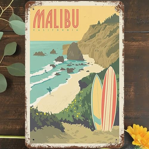 Metall-Blechschild im Vintage-Stil, 20,3 x 30,5 cm, Malibu-Strand-Wandkunst, Dekoration, Kalifornien-Surf- und Surfbrett-Poster für Zuhause, Wohnzimmer, Schlafzimmer, Garten, Garage, Café, Bar, Pub