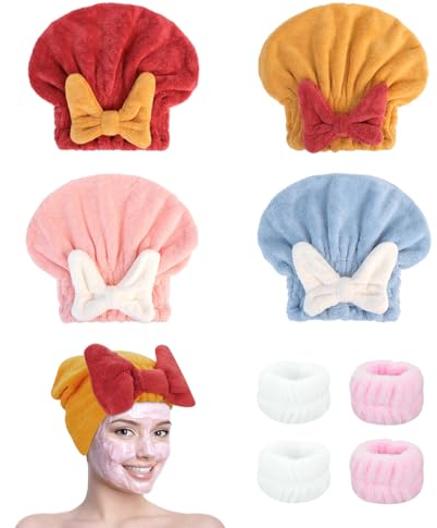 HAOTIAN-X 4 panni per capelli super assorbenti, in microfibra, per asciugacapelli, bowknot ad asciugatura rapida, asciugamano turbante con 4 fasce per il lavaggio, cappello ad asciugatura rapida