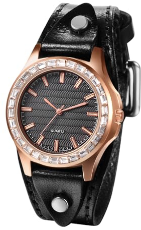 JewelryWe Uhren Damen Leder Damenuhr: Steampunk Retro Analog Quarz Armbanduhr Frauen Schwarz Leder Armband Manschette Uhr mit Rosegold Diamant Gehäuse