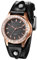 JewelryWe Uhren Damen Leder Damenuhr: Steampunk Retro Analog Quarz Armbanduhr Frauen Schwarz Leder Armband Manschette Uhr mit Rosegold Diamant Gehäuse