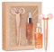 CRYSTALLOVE Gesichtsmassagegerät mit Serum Set - Rosenquarz - 3D Gesichtsroller - Anti-Aging Massageroller - Gesichtslifting Massager - Massagegerät - Face Massage Roller