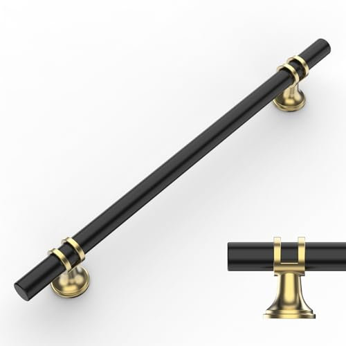 Amerdeco 10 Stück Möbelgriffe Schwarz-Gold, 192mm Lochabstand, Schrankgriffe, Küchengriffe, Schubladengriffe für Küchenschränke und Kleiderschränke UK0002