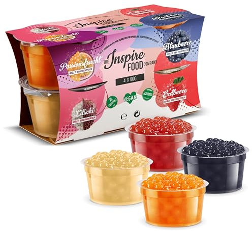 INSPIRE FOOD Bubble Tea Perlen Set - 4er-Pack Popping Boba Fruchtperlen | Erdbeere, Maracuja, Blaubeere & Lychee | Tapioka Perlen 100% vegan und glutenfrei, ohne künstliche Farbstoff, je 100g