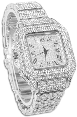 Genkigold Diamantuhr für Herren – 40mm Römische Ziffern Quadratisches Zifferblatt – 18K Echtgold/Platin/Rhodium Schwarz/Roségold Plattiert 22cm – Japanisches Quarzwerk – Kombinierbar mit Cuban-Kette