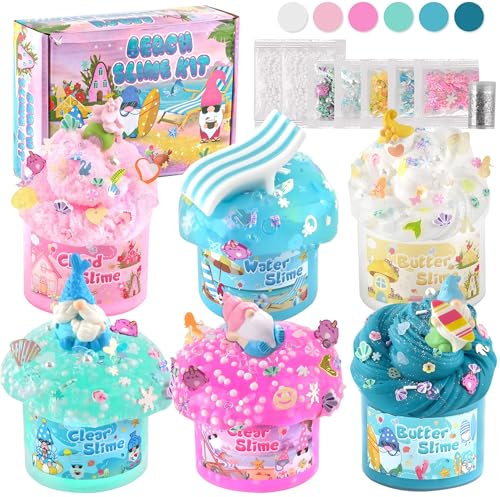 LAWOHO 6 Pack Mermaid Gnomes Slimes, Pink & Blue Slime Kit for Kids with Cloud, Clear, Butter & Water Slime, Fluffy Slime Party Favors, Slime Kits for Girls & Boys Birthday Halloween Christmas Easter