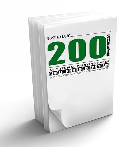 200 Feuilles de Papier Thermique A4, 210 x 297 mm pour Imprimante Thermique Portable, Compatible avec MT800/MT800Q/M08F/PJ762/PJ763MFi, Idéal pour École ou Bureau, Impression de Fichiers, Photos, etc