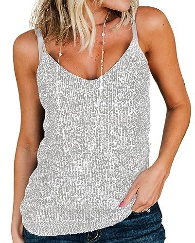 AirMood Frauen Sexy U-Ausschnitt Sparkle Shimmer Tank Westen Pailletten Tops Disco Pailletten Tank, weiß, XXL