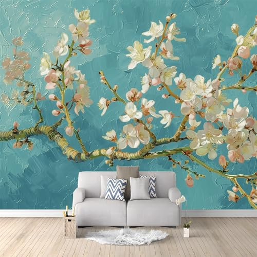 Large Decorative Wall Mural Oil Painting Tree Branches Apricot Blossoms Printed Non Self Adhesive Wallpaper, Light Blue Photo Wallpaper for Bedroom Living Room 158 x 110/400 x 280 cm(WxH)