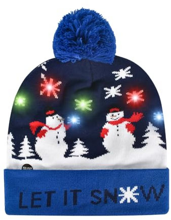 Colexy Weihnachtsmütze LED, Weihnachten LED Strickmütze Unisex Weihnachten Beanie Hat Weihnachten Mütze mit LED Lichtern, Wintermütze für Erwachsene und Kinder, Ideal für Weihnachtsparty (Blau)