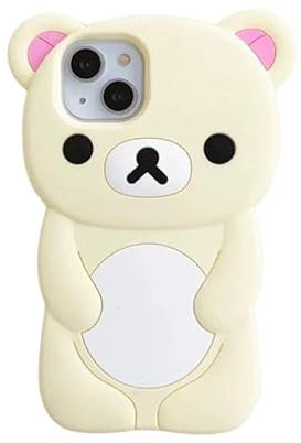 Ultra Thick Soft Silicone Case for Apple Teddy Bear Animal 3D Cartoon Japanese Cute Lovely Adorable Kawaii Kids Girls Women (Beige, for iPhone 15)