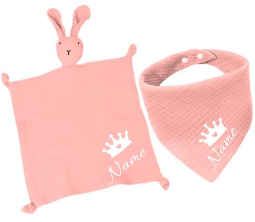 Personalisiertes Baby-Set mit Name – Dreieckstuch und Kuscheltuch – Weiches Baby-Accessoire-Set für Neugeborene und Babys – Unisex, Hautfreundlich – Perfekt zur Geburt und Taufe (Rosa)