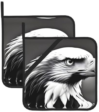 HYTTER Set di 2 presine per la rimozione del coperchio della cucina, spesso, resistente, isolamento antiscottatura 20,3 x 20,3 cm, immagine in bianco e nero con aquila