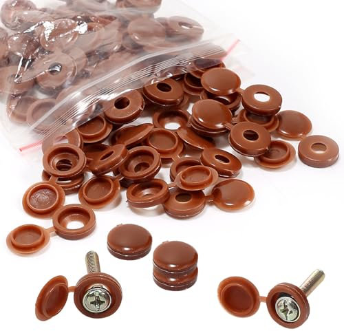 DEFIYEAR 200PCS Screw Covers - Screw Cap Brown, Plastic Hinged Snap Covers for M3-M8 Screws, Waterproof Protection Caps for Furniture Cabinets Shelves and Walls