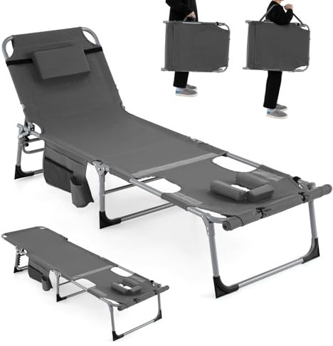 GIANTEX Klappbare Sonnenliege mit Gesichts- & Armlöchern, 5-Fach Verstellbarer Liegestuhl Outdoor, mit Kissen & Seitentasche, Relaxliege belastbar bis 180kg, 154 x 60 x 84 cm (Grau)