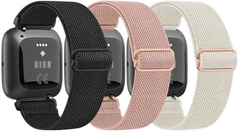 Vancle 3 Stück Armband für Fitbit Versa 2/Versa/Versa Lite/SE, Nylon Elastisch Verstellbares Uhrenarmband, Herren Damen, Schwarz/Rosa/Starlight