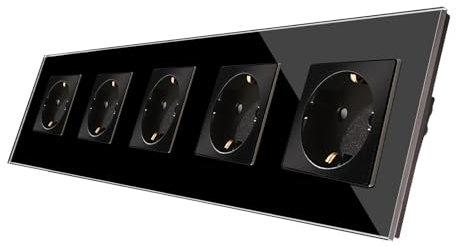 CNBINGO Glas Schuko Steckdose unterputz - EU-Standard 5 Fach Steckdose - Design Schutzkontakt Wandsteckdose mit Glasrahmen - in Schwarz