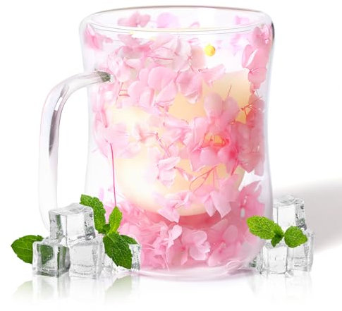 RUIOMII 400ml Double Wall Glass Flower Mugs, Cute Coffee Mug with Floral Pattern,Birthday Gifts for Women, Mother, Girlfriend