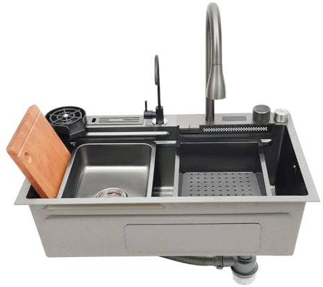 Fregadero de cocina con cascada, fregadero empotrable, fregadero de cocina inteligente, fregadero de cocina, cascada, fregadero de acero inoxidable, 75 x 46 cm, con pantalla digital inteligente
