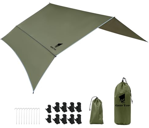 GEERTOP Tarp Wasserdicht, 3×3.6m Ultraleicht Camping Zeltplane, Anti-UV Schutz Sonnen & Regen & Schnee, Mit Ösen, Aluminiumstifte, Nylonseile, Leicht tragbar für Hängematte Camping Picknick Wandern