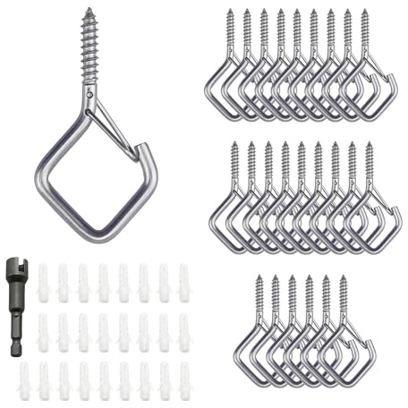 DIYHacks 25 PCS Stainless Steel Screw in Hooks for Ceiling & Wood Hanging | Heavy Duty with Safety Buckle, Rust-Resistant for Indoor&Outdoor – Ideal for Plants, Wind Chimes, Bird Feeders&String Lights