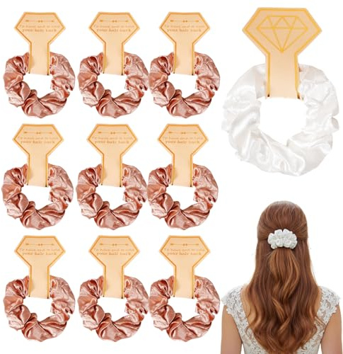 10Pcs Bridesmaid Scrunchies, Satin Hair Scrunchies for Women, Hen Do Party Bag Fillers for Bridesmaid Gift, Band Ponytail Holders, Weddings, Everyday Use (White, Rose Gold)