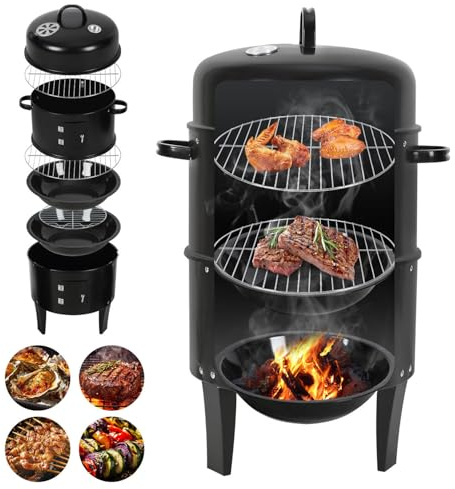 Peviasot Fumoir 3 en 1, Four à fumer, Grill fumoir pour fumer, griller et cuisiner, Grill fumoir au charbon de bois avec thermomètre, couvercle et poignée, 2 niveaux Ø40×80 cm, Fumoir BBQ pour jardin