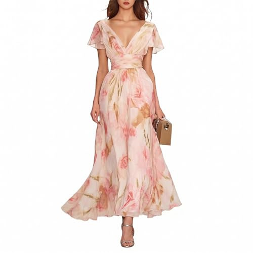 Minetom Donna Vestiti Lunghi da Matrimonio Elegante Collo V Vestito A Pieghe Stampa Floreale Chiffon Abito Maxi Damigella Sera Cerimonia