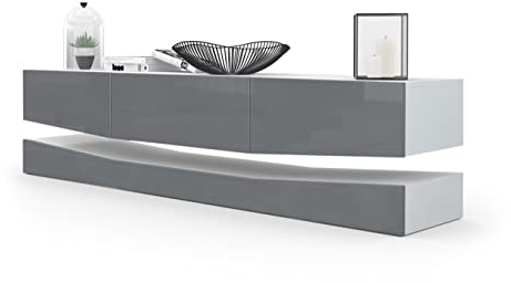 Vladon Lowboard City, Made in Germany, TV-Kommode mit Sockelelement, 1 offenem Fach und 3 Schubkästen, Weiß matt/Grau Hochglanz (178 x variabel x 39 cm)
