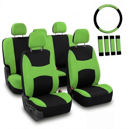 FH GROUP FB030GREEN-COMBO Autositzbezüge, universelle Passform, Kombi-Set mit Lenkradbezug und Sicherheitsgurtpolster, für die meisten Pkw, SUV, LKW, Airbag-kompatibel, Geteilte Rückbank, Grün