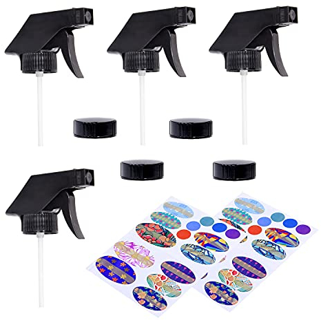 Replacement Spray Nozzles and Storage Caps for 8oz / 16oz Essential Oil Bottles. 4 Trigger Sprayers with Fine Mist, Powerful Stream and 'Off' Settings, 4 Storage Caps, 78 Labels.