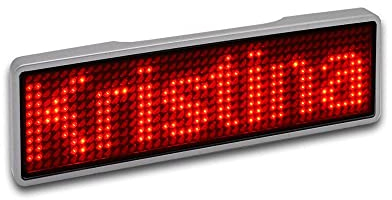 Sertronics LED programmierbar Namensschild mit digitalem Bewegungsschild, USB wiederaufladbar LED Name Tag, LED Anzeigetafel mit 11x44 Pixel, digital Scrolling, Rahmen silber, LED rot