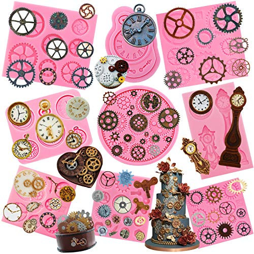 Funshowcase Steampunk-Stil, Zahnrad, Uhrenrad und Uhr, Silikonformen, 9 Stück