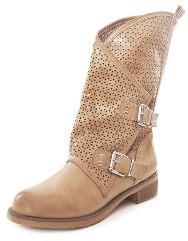Toocool - Stivali Donna Bassi Biker Boots Motociclista Stivaletti Fibbie Anfibi SA9907 [38,YY6775 Beige]