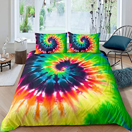 Loussiesd Regenbogen-Krawattenfarbe Bettbezug-Set Boho Psychedelic Bettwäsche-Set 135x200 cm für Frauen Mädchen Tie Dye bettwäsche Böhmischer Psychedelischer Wirbel Muster
